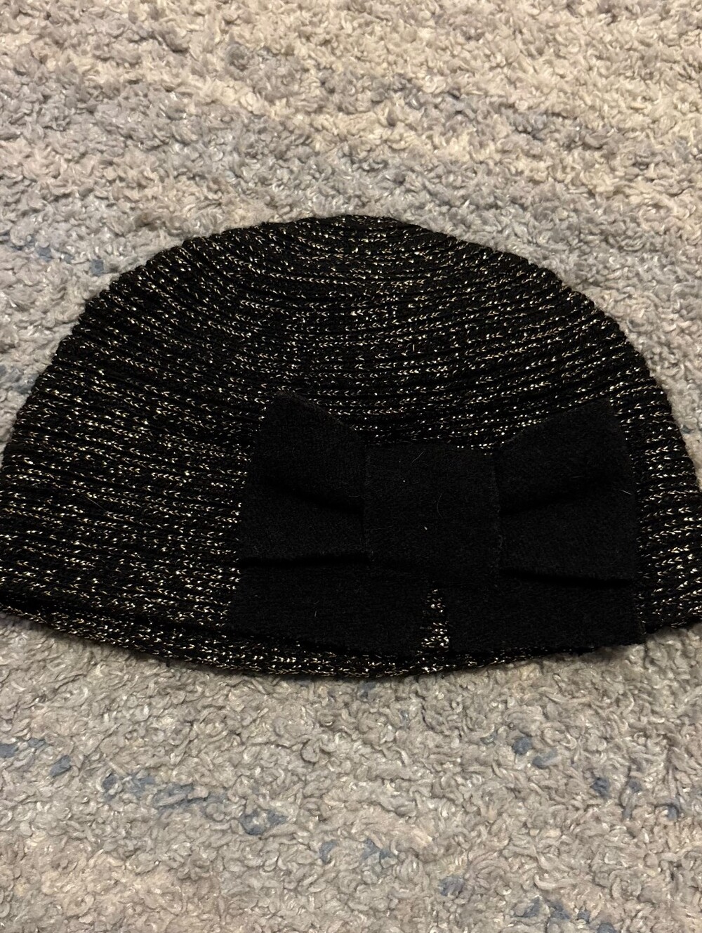 Helene Berman London Black Gold Metallic Knit Bow Beanie Cloche Hat Wool Blend